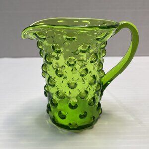 Hobnail Green Glass Creamer Mini Pitcher Vintage MCM Hand Applied Handle - EUC